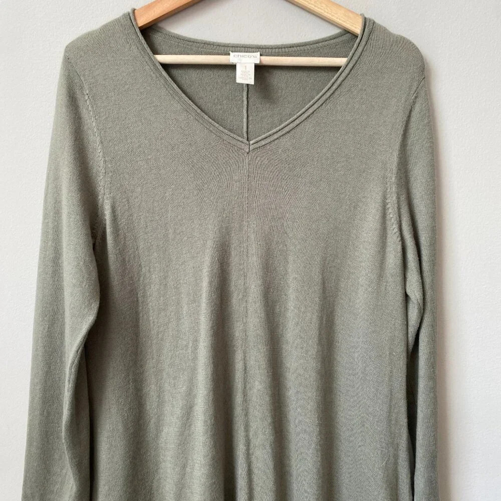 Chico's Womens Size 1 V-Neck Long Sleeve Silk Knit Pullover Casual Sweater Green - Picture 6 of 15